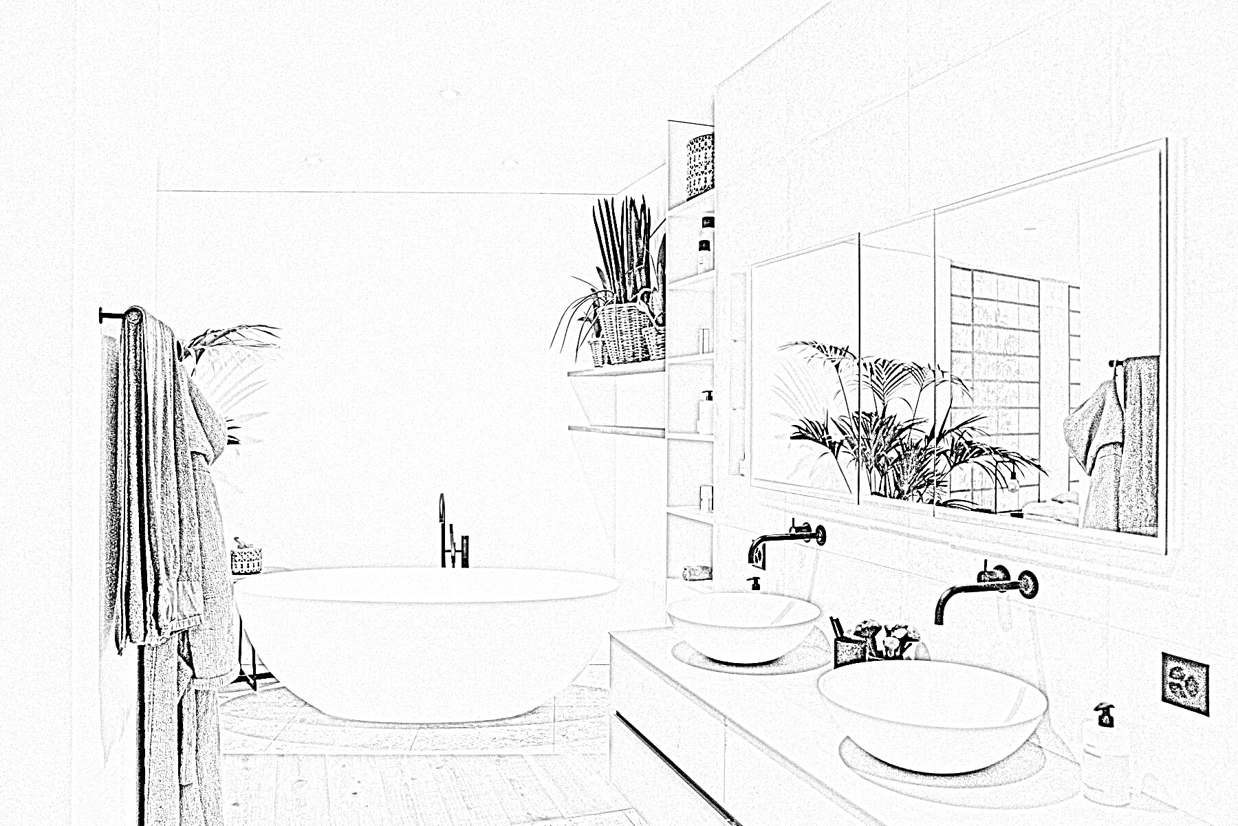 3D Visualisierungen von Badezimmer mit Badewanne und Doppelwaschbecken.