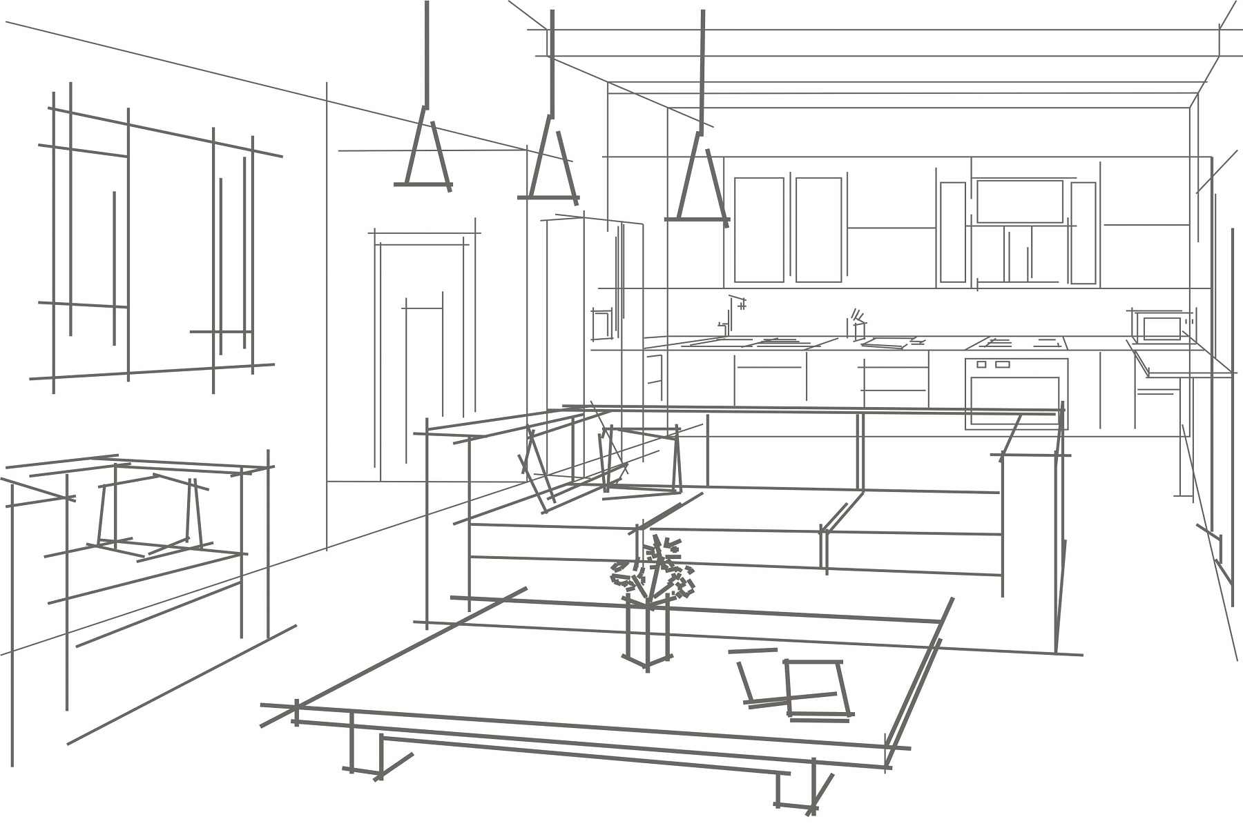 Wohnzimmer in 3D Visualisierung als Skizze in schwarz/weiss